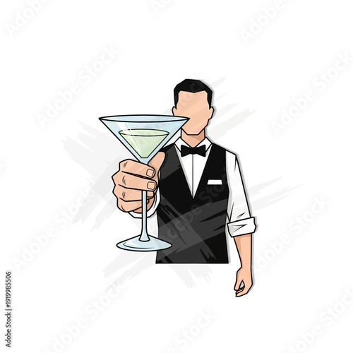 Bartender holding cocktail glass, white background, sketch style