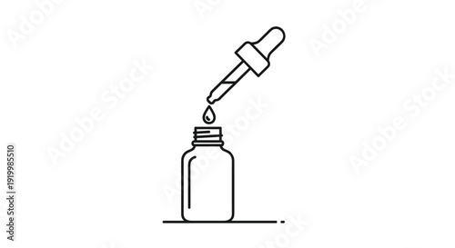 Simple line art illustration of a glass dropper bottle with a pipette releasing a single drop of liquid for medical or cosmetic application.