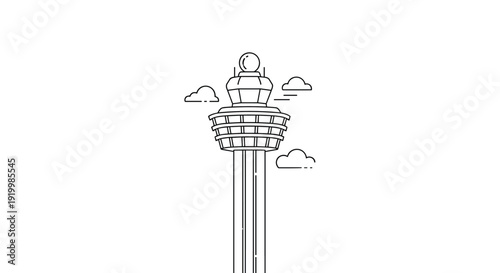 Minimalist black and white line art of a modern airport control tower or observation deck standing tall among simple clouds in the sky.