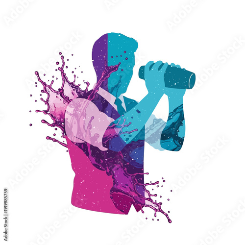 Man with binoculars, abstract splash art, looking forward