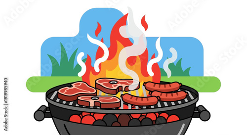 Vector illustration of a barbecue grill with sausages and flames on a transparent background.