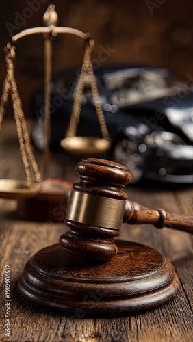 Law gavel and scales of justice near car representing legal judgement and accident case