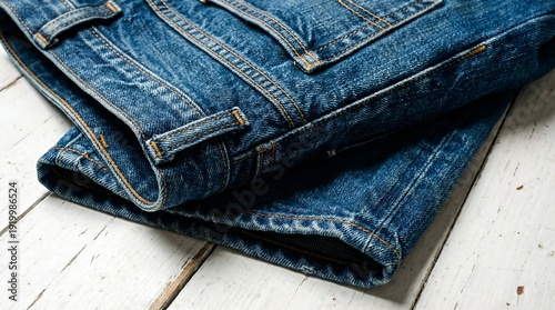 Folded blue jeans on white wooden background casual clothing denim fashion