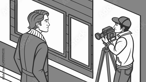 Filming a man with a camera on a tripod.