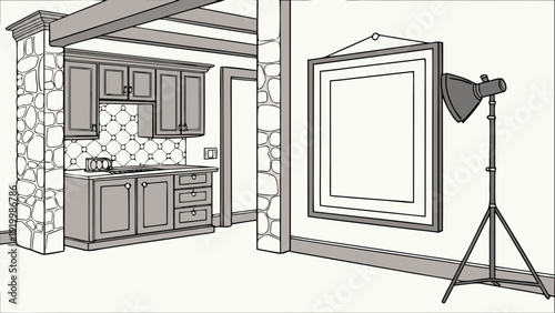 Interior Design Sketch Kitchen Art and Lighting Setup.