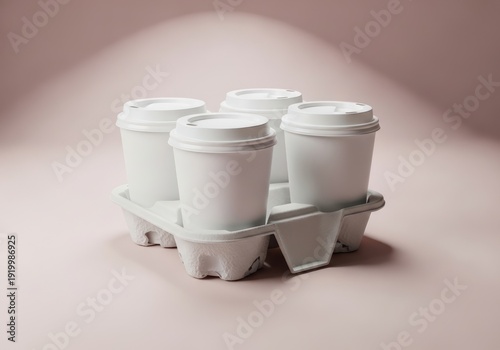 Four white coffee cups in a carrier against a soft pink backdrop with subtle shadows simple composition and a studio setting with soft lighting
