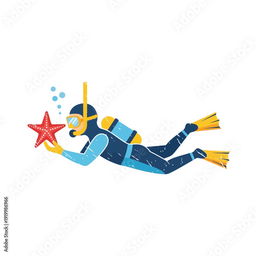 Scuba diver holding a red starfish underwater