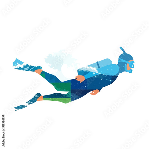Scuba diver illustration with blue water texture - isolated on white