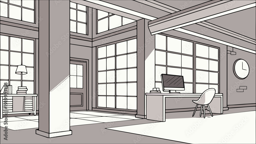Fototapeta premium Modern Loft Office Space Illustration with Natural Light.