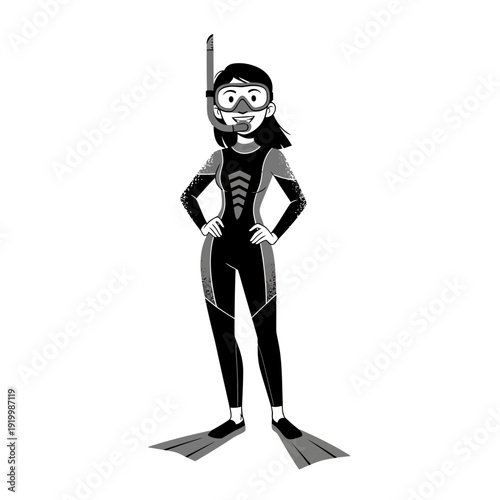 Scuba Diver Woman in Wetsuit, Mask, Snorkel, and Fins - Illustration