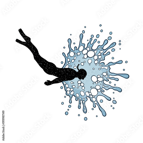 Silhouette diver plunging into water splash