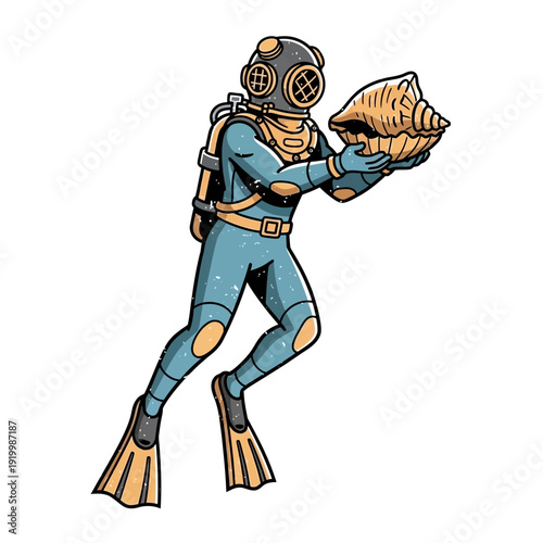 Vintage diver holding a large seashell