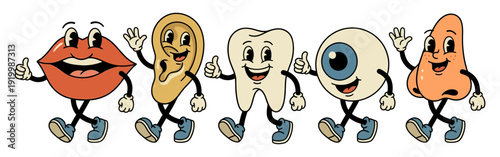 A vintage cartoon group of anthropomorphic human body parts including lips ear tooth eyeball and nose walking and waving mouth hearing teeth dental sight smell retro character