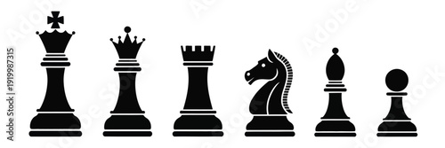Set of Chess Vector Icons in Black Silhouette, King, Queen, Pawn, Knight and Rook Pieces, Strategy Board Game Elements