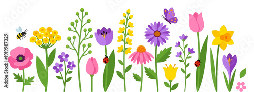 A delightful collection of vibrant spring flowers ladybugs a bee and a butterfly creating a cheerful garden scene nature floral colorful blossom bloom insect petal leaf green