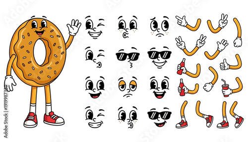 Cartoon donut character with a collection of expressive faces arms and legs for animation and design customization expressions sweet food illustration drawing cute retro vintage