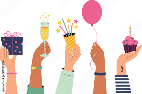 Celebration hands vector set, party elements with gift, champagne, popper, balloon, and cupcake, isolated flat illustration
