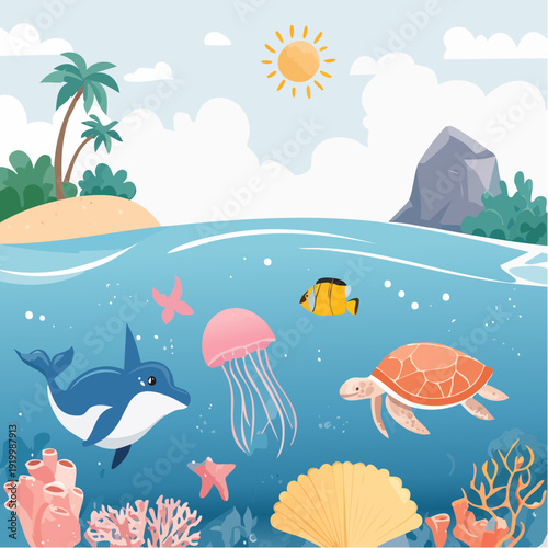 Vibrant Tropical Ocean Scene with Diverse Marine Life and Sunny Island Paradise Illustration