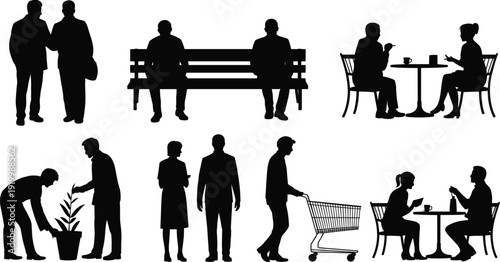 People silhouette collection showing daily life activities, business meeting, park bench, cafe conversation, shopping, gardening illustration set background