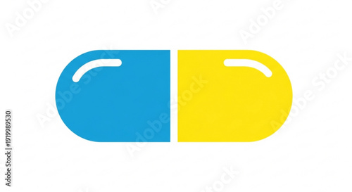 Colorful capsule icon with blue and yellow halves on white background symbolizing health and medication concepts