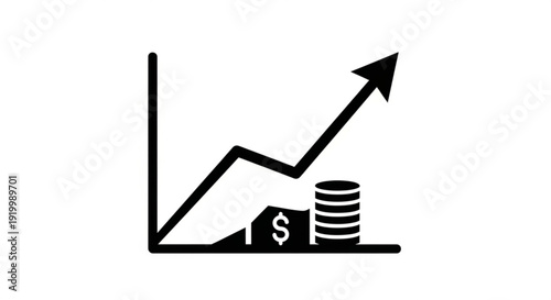 Graph showing financial growth with rising arrow and stacked coins beside dollar sign