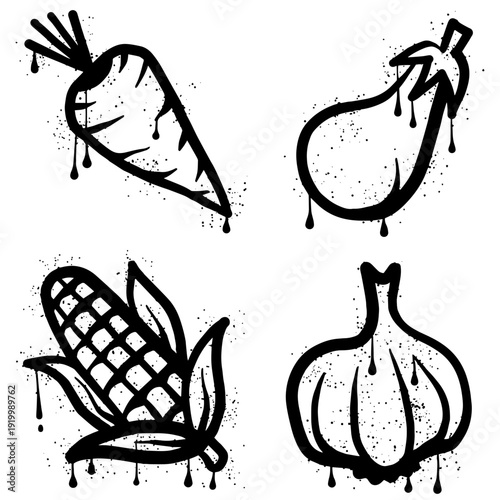 Set of vegetable graffiti with black spray paint splatters.