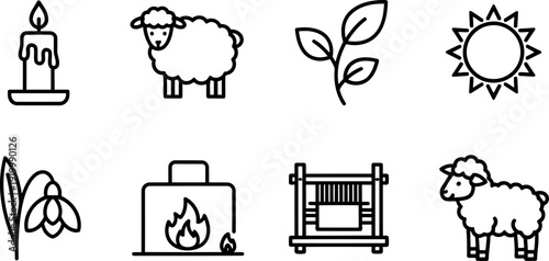 Imbolc symbols icons: sheep, candle, sun, snowdrop, fireplace, plant