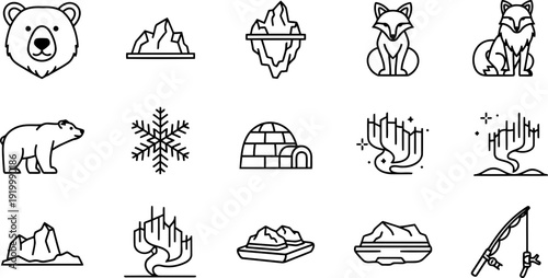 International Polar Bear Day icon set: Arctic animals and elements
