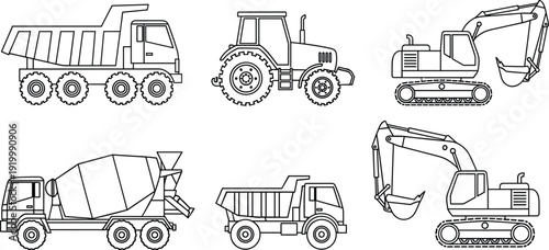 Construction vehicles outline collection with excavator dump truck tractor and mixer vector illustration set
