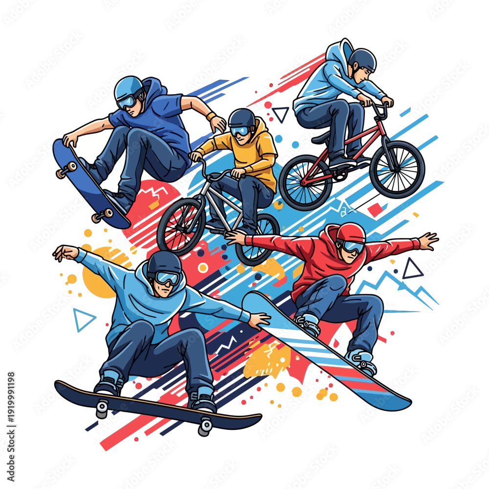 Obraz premium Extreme Sports Montage: BMX, Skateboard, Snowboard, Action Vector Art