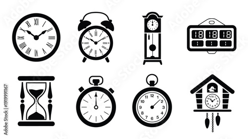 Clock collection illustration of wall clock, alarm clock, grandfather clock, digital clock, hourglass, stopwatch, pocket watch, cuckoo clock, detailed timekeeping devices vector isolated on white.