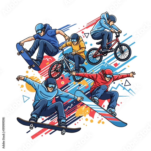 Extreme Sports Montage: BMX, Skateboard, Snowboard, Action Vector Art