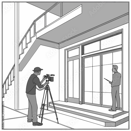 Filmmaker and subject in front of modern building.