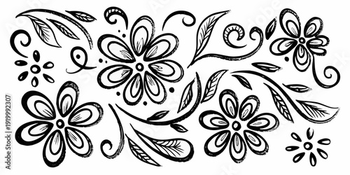 Delicate black and white floral sketch with swirling botanical elements