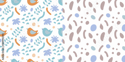Abstract pattern with birds florals and organic shapes in pastel colors