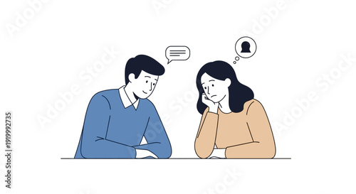 Man talking animatedly to a sad or bored woman in a counseling session, emotional communication, flat vector art.