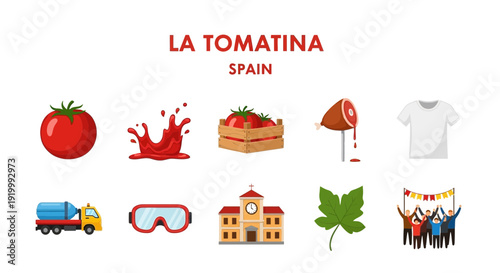 Infographic illustrating La Tomatina festival elements in Spain with red text
