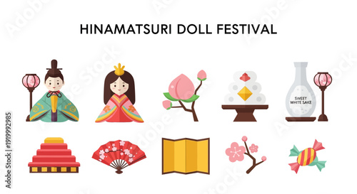 Flat icons for Hina Matsuri Doll Festival including dolls peach and sake