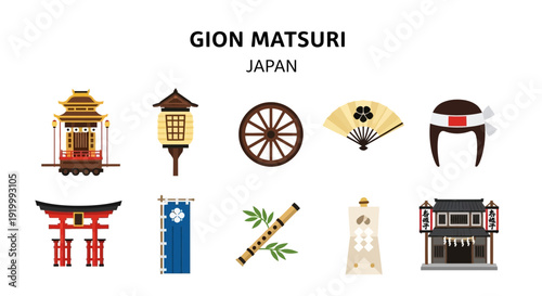 Canvas Print Illustration set depicting ten icons related to the Gion Matsuri festival in Jap