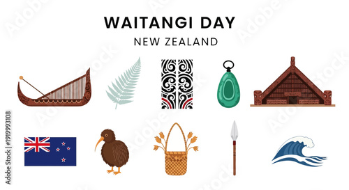 Waitangi Day icons harp fern carving pendant meeting house flag kiwi basket spear wave