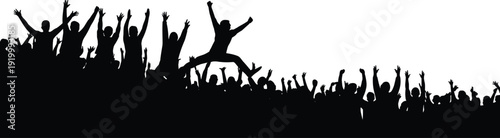 Silhouette of excited crowd jumping with raised hands at concert festival celebration isolated on white background