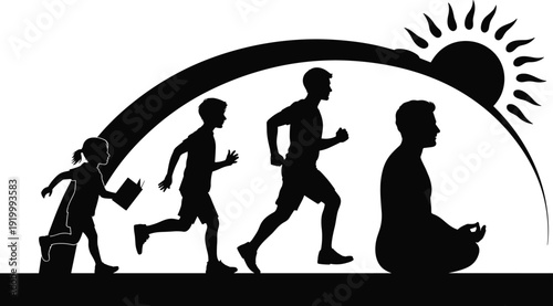 Silhouette of human life stages from child running to adult meditation under sun isolated on white background
