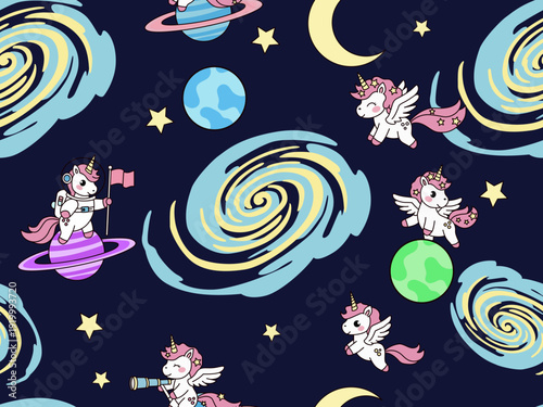 whimsical space unicorn cosmic adventure seamless illustration cartoon