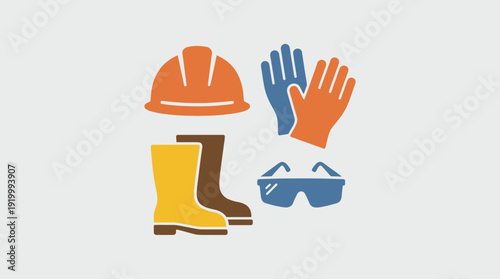 Professional safety equipment set including hard hat, gloves, boots, and goggles