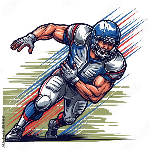 American Football Player Running Fast with Intense Expression, Dynamic Action Pose