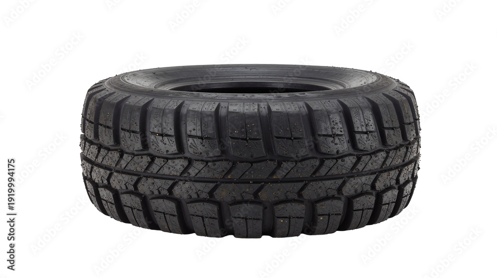 Obraz premium Off-road tire isolated on transparent background, showcasing its aggressive tread pattern and durable construction