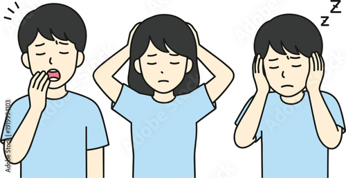 Cartoon illustration of tired sleepy people yawning, stressed woman covering ears, exhausted man sleeping, fatigue and headache concept vector