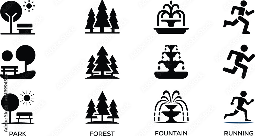 Fototapeta premium Park, Forest, Fountain, and Running Activity Vector Icon Set for Outdoor Recreation, Nature Landscapes, Fitness Tracking, and Urban Parks.