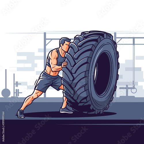 Man Flipping Heavy Tire in Gym, Fitness Training, Strength Workout