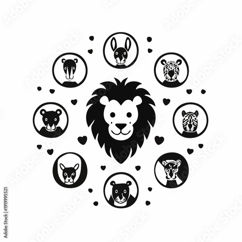 A black and white illustration of a friendly lion head surrounded by various other animal faces in circular frames, accented with small hearts and dots.